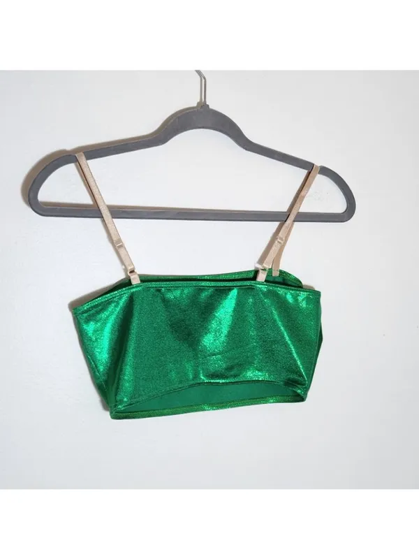 Designs for Dance Green Costume Set Cropped Tank Sequin Arm Covers Size Medium - Image 7