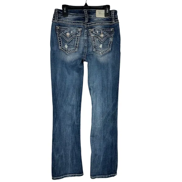 Miss Me SZ 26 Mid-Rise Boot Jeans Distressed Whiskered Stretch Zip-Fly Pockets - Image 5