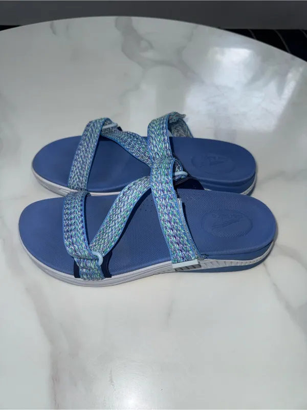 Dansko Light Blue Slide Sandals with Multicolor Woven Straps - Image 2