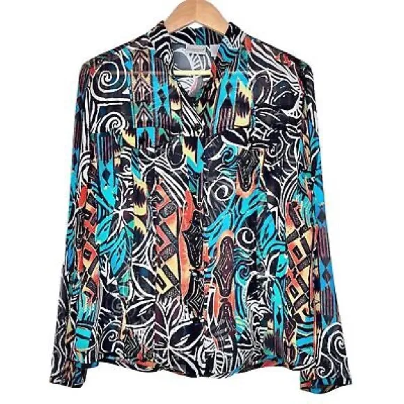 Chicos Womens Abstract 100% Silk Blouse Size 2/Large Multicolored Sheer Picasso - Image 2