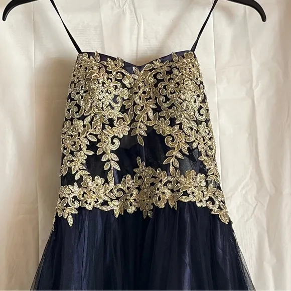 Blondie Nites Gown Juniors‎ Size 9 Navy Long Mesh Gown Corset Style Gold Prom - Image 10