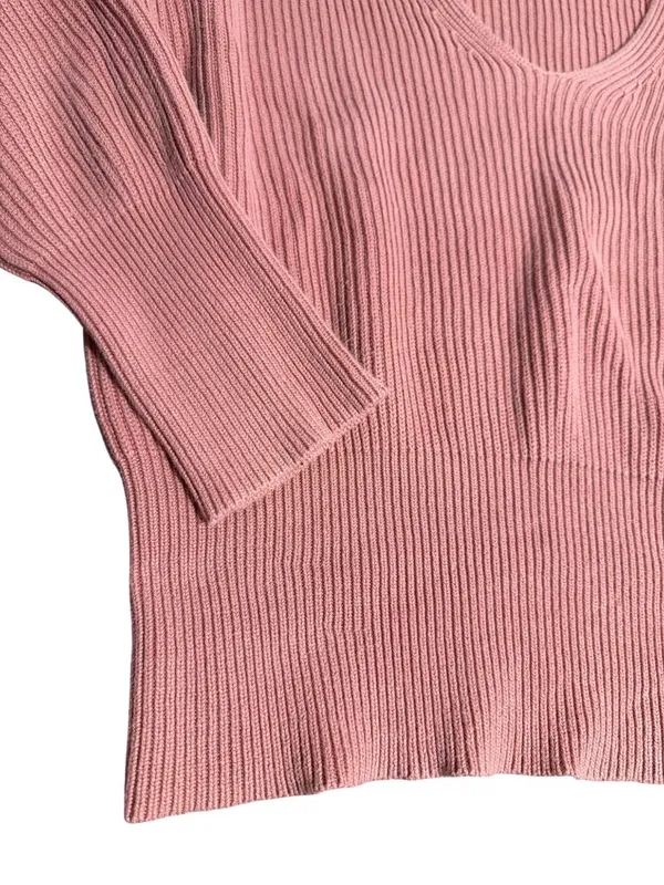 Free People Allure Plunge V Neck Sweater Ribbed Pink Cinch Waist Sleeves Sz L - Image 2