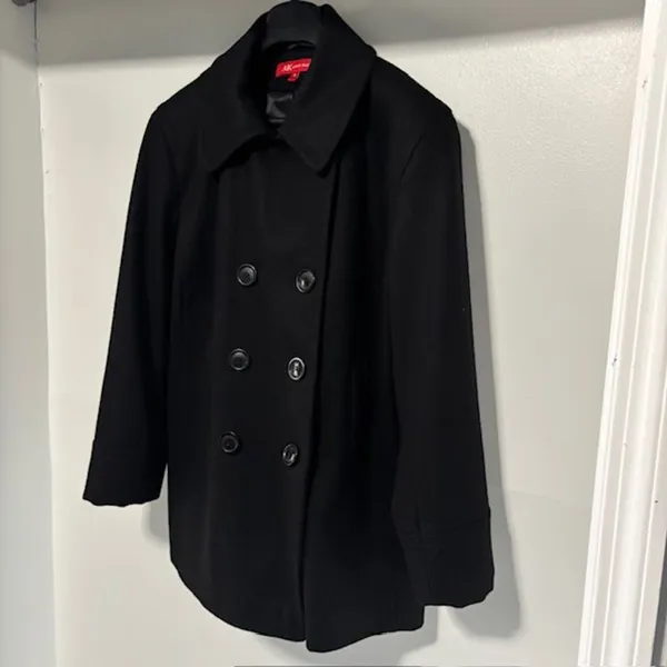 Ann Taylor Anne Klein Black Wool Pea Coat Double-Breasted XL Button Front Notch Lapel Urban - Image 3