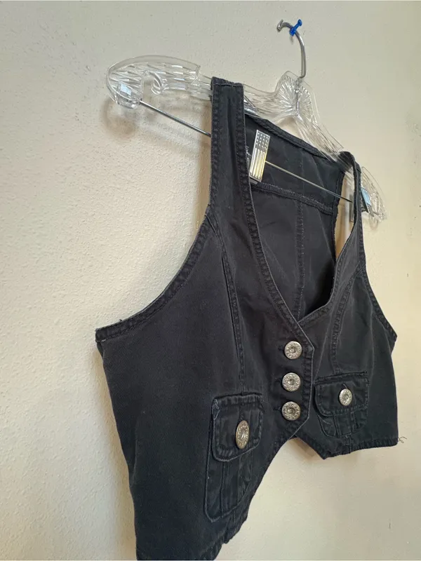 Y2K Style Washed Black Military Vest Medium Cropped Gold Button Utility - Image 4