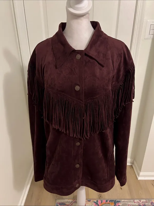 Free People Western Fringe Faux Suede Cosmic Karma Jacket In Wine Size Large - Image 6