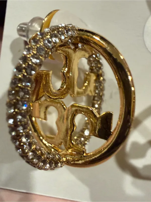 Tory Burch | Gold Plated Logo & Crystal Drop Earrings| Sm/Med - Image 4