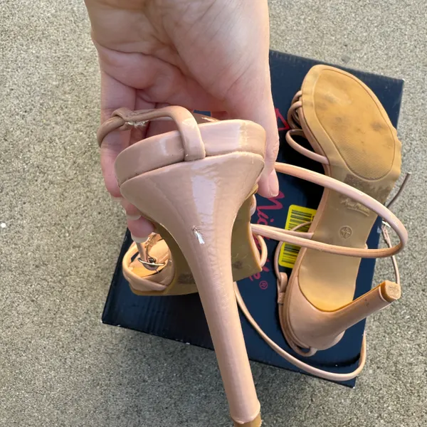Boutique Nude Faux Patent Leather Strappy Heels - Image 6
