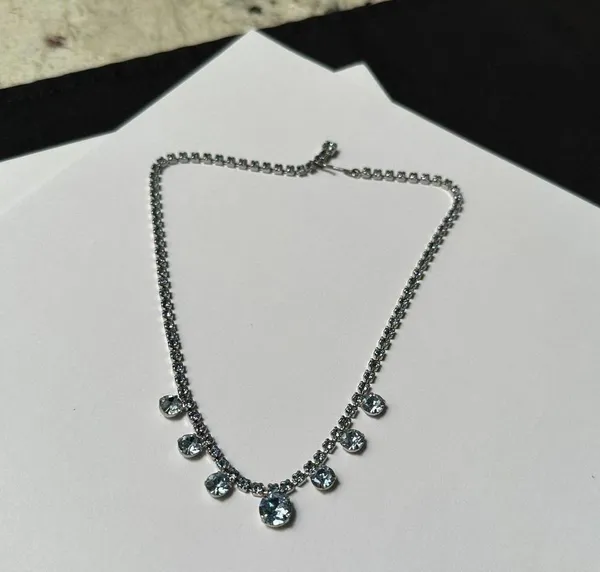 Blue Prong Set Rhinestone Silver Tone Choker Necklace - Image 3