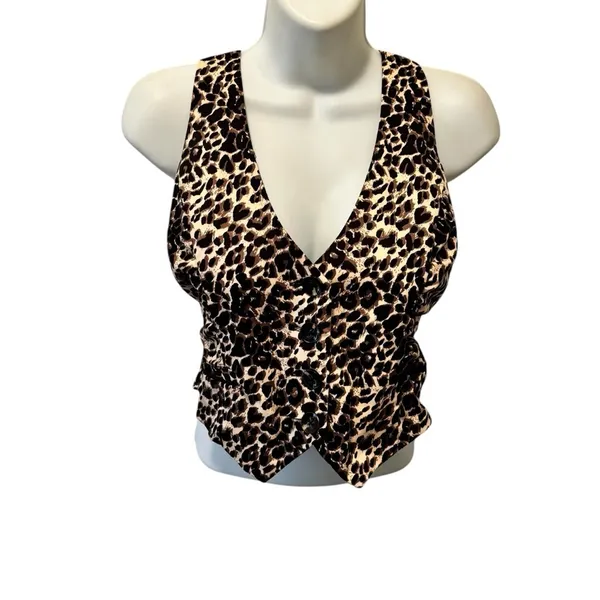 Y2K Cropped Button Front Halter Vest Top Sz M Leopard Animal Print Mob Wife - Image 2
