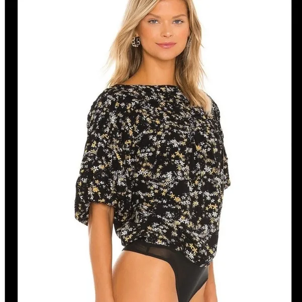 Free People Intimately‎ Bodysuit Floral Puff Sleeve Black Boho Top Womens S - Image 6