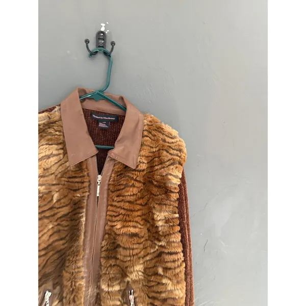 Victoria Harbour Y2k Brown Tiger Faux Fur Chenille Leather Trim Zip Jacket‎ L - Image 3