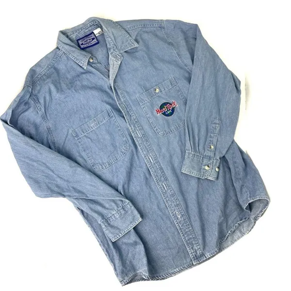 Vintage Hard Rock Cafe Dallas Denim Long Sleeve Button Down Shirt - Image 2