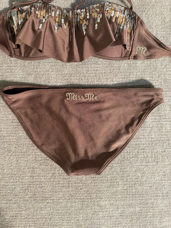 Miss Me Brown Bronze Sequined Bandeau Bikini Set Y2K Glam Swimwear – Small - Image 3