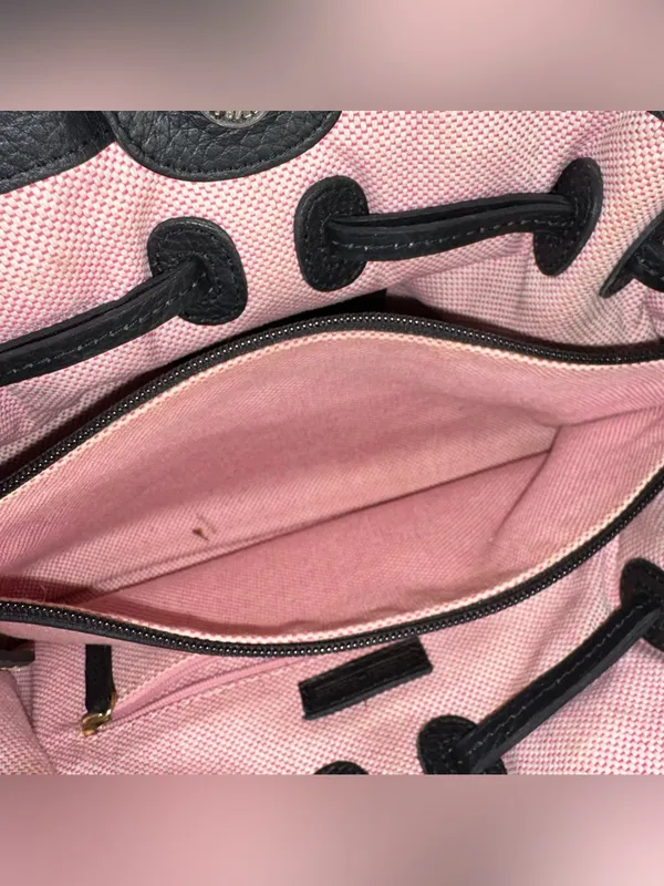 Dooney & Bourke Black Pebbled Leather Drawstring Satchel Bag Pink Gingham Lined - Image 6