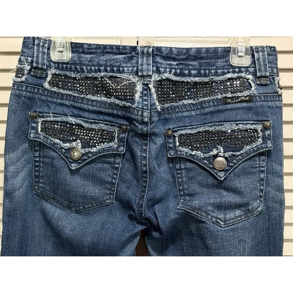 Rock & Roll Cowgirl Med Wash Bootcut Denim Jeans Low Rise Size 30x32 Rhinestones - Image 3