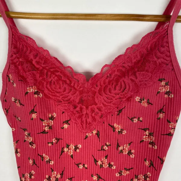 Victoria's Secret PINK Floral Print Lace Trim Cami Bodysuit Size Small - Image 3