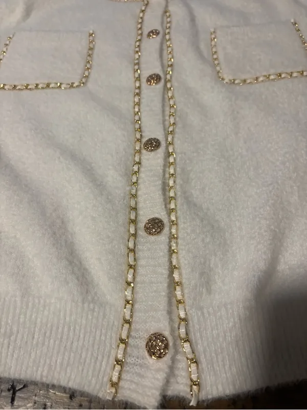 Nanette Lepore Cream Fuzzy Cardigan Sweater Gold Chain Trim‎ Tweed Vibez XL⁠ - Image 12