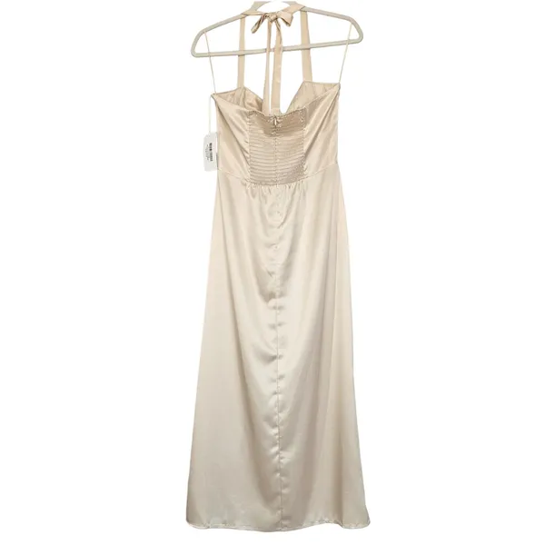 Reformation Solana Satin Dress Almond Beige Halter Midi‎ Cowl Neck 8 NEW Bridal - Image 11