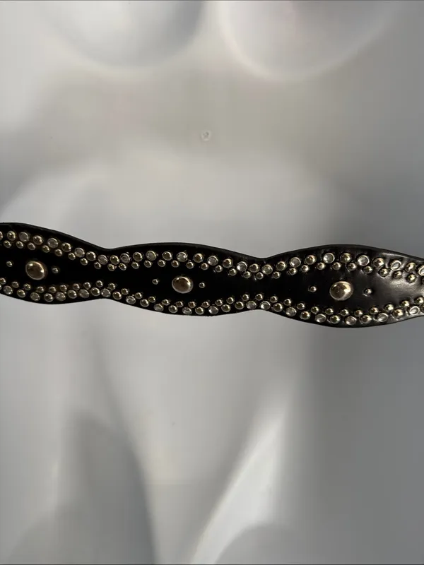Studded Black Faux Leather Belt with Decorative Accent Buckle Sz: M - Image 2