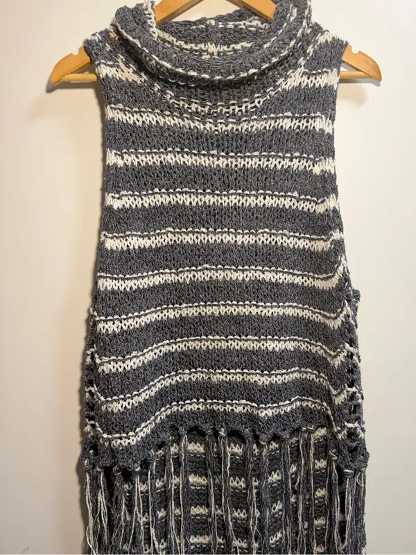 Free People Folksong Fringe Knit Vest Tunic Gray Stripe Boho Cowl Neck M - Image 3