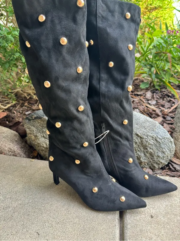 a new day Black Knee-High Studded Boots with Gold Studs 7.5 NWT - Image 2