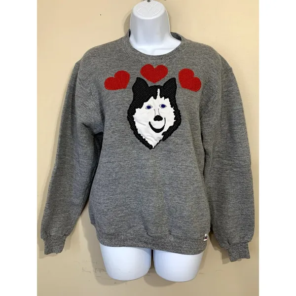Vintage Russell Athletic Womens Small Sweatshirt Husky Dog‎ Gray 90s USA Hearts - Image 11