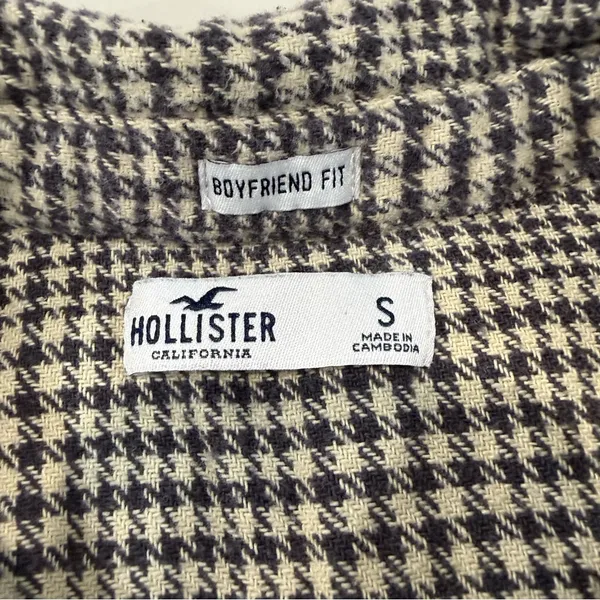 Hollister Boyfriend Fit Houndstooth ButtonUp Flannel Shirt Womens Small Gray/Tan - Image 5