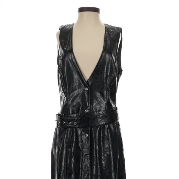 LAMARQUE Black Faux Leather Button Front Belted Maxi Dress XS Goth - Image 2