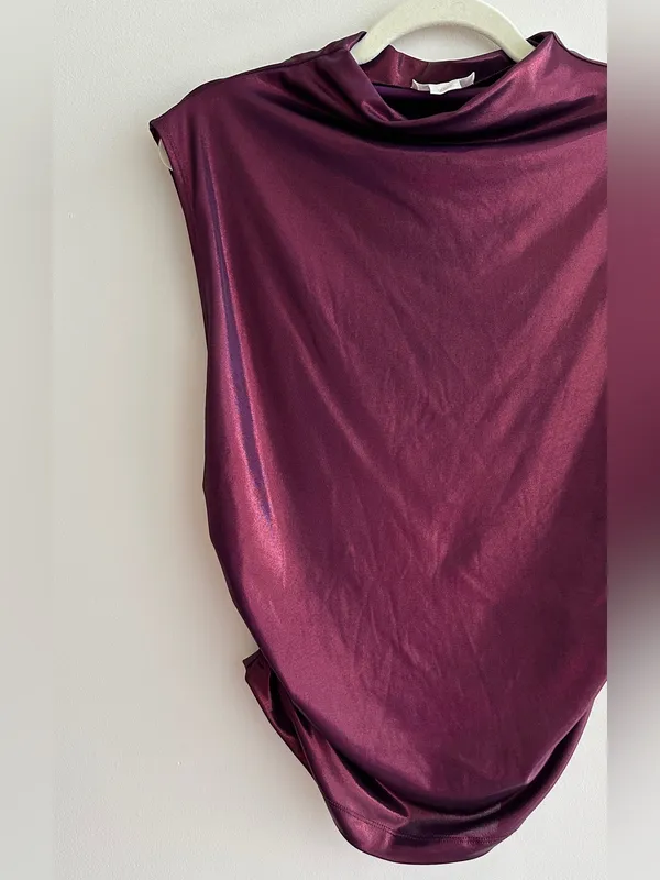 Maeve by Anthropologie Mock-Neck Ruched Shine Tank, Plum/Prune, Size Large - Image 4