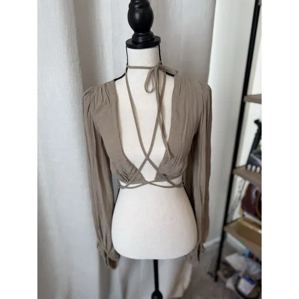 Princess Polly Cropped Top Womens 2 Beige knit Long Sleeve Boho Tie Waisted - Image 10