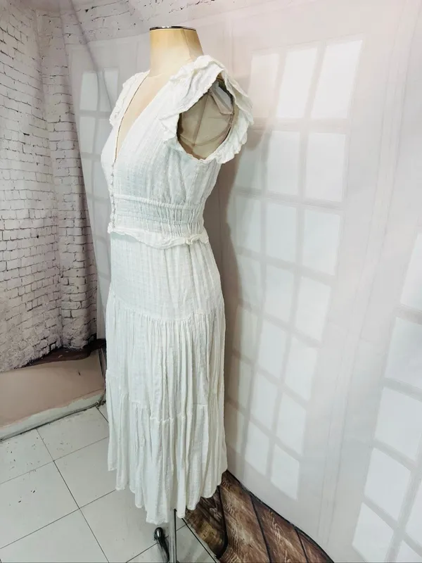 Express White Gauze Plunge V-Neck Smocked Flutter Sleeve Midi Dress Size Small - Image 3