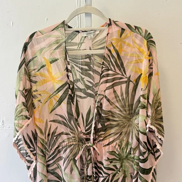 Francescas Tropical Palm Leaf Sheer Swim Cover Up Pink Green Small Crochet Trim - Image 3