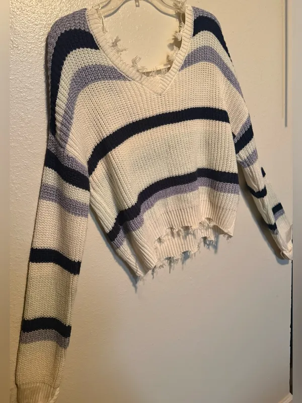 Rue21 Large Distressed Striped Oversized Cropped Knit Sweater - Image 5