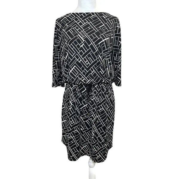 LAUREN‎ Ralph Lauren Dolman Sleeve Drawstring Waist Dress Medium Black Print - Image 2
