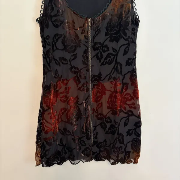 Burnout Velvet Devoré Velvet S Floral Dress Black Red Sheer Zip Whimsigoth Y2K - Image 3