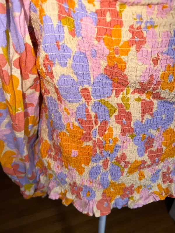 Free People 100% Cotton Floral Smocked Puff-Sleeve Top in Lavender & Orange - Image 10