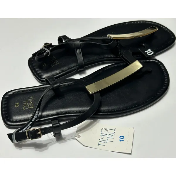 Time and Tru Womens Hardware T-Strap Flat Sandals Black Gold NWT Size 10 EU 41 - Image 9