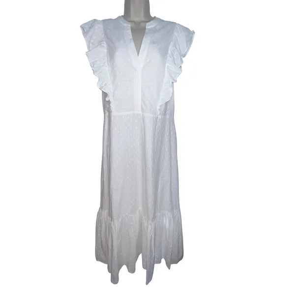 BCBGMAXAZRIA Women's Ruffle Short Sleeve Maxi Dress V Neck‎ White Large Cotton - Image 3