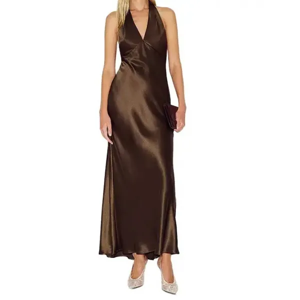 Reformation Daniela Silk Maxi Dress Pinecone Brown size 4 C0 - Image 2