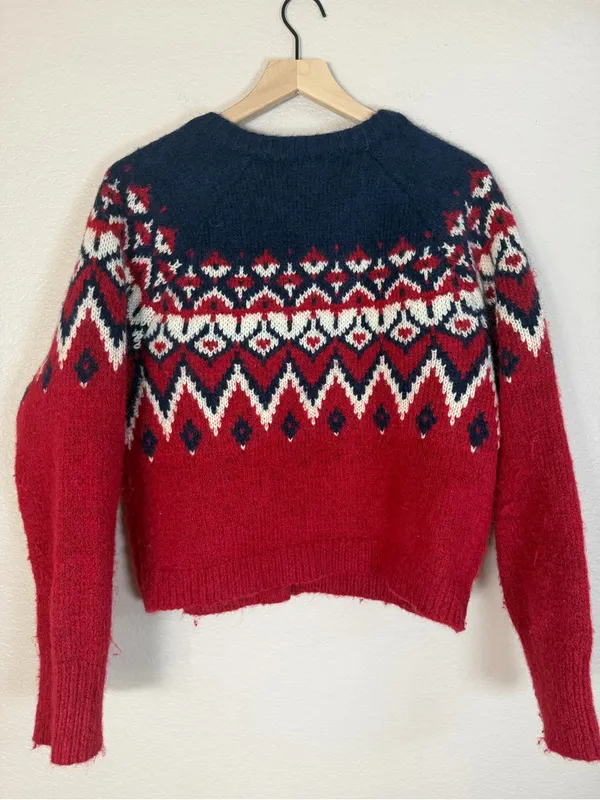 Gap Fair Isle Brushed Alpaca Wool Cardigan Sweater Medium Red Navy Blue $80 - Image 9