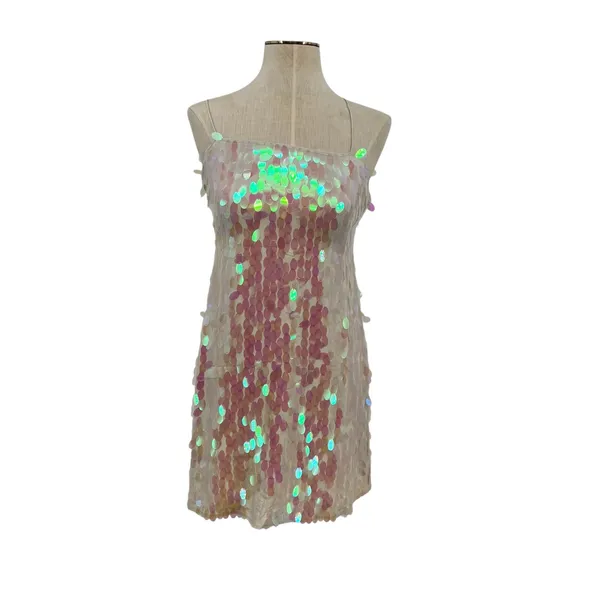 Free People Mermaid‎ Mini Dress Sequin Iridescent Cream White Pink Size 2 - Image 3