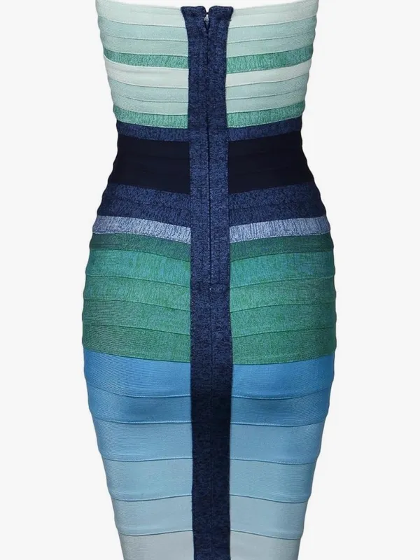 Strapless Multicolor Bandage Dress - Green & Blue Stripe - Image 6