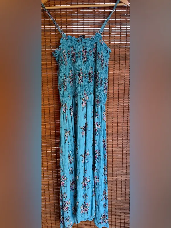 Vintage Angie Turquoise Floral Smocked Cottagecore Midi Dress M - Image 7