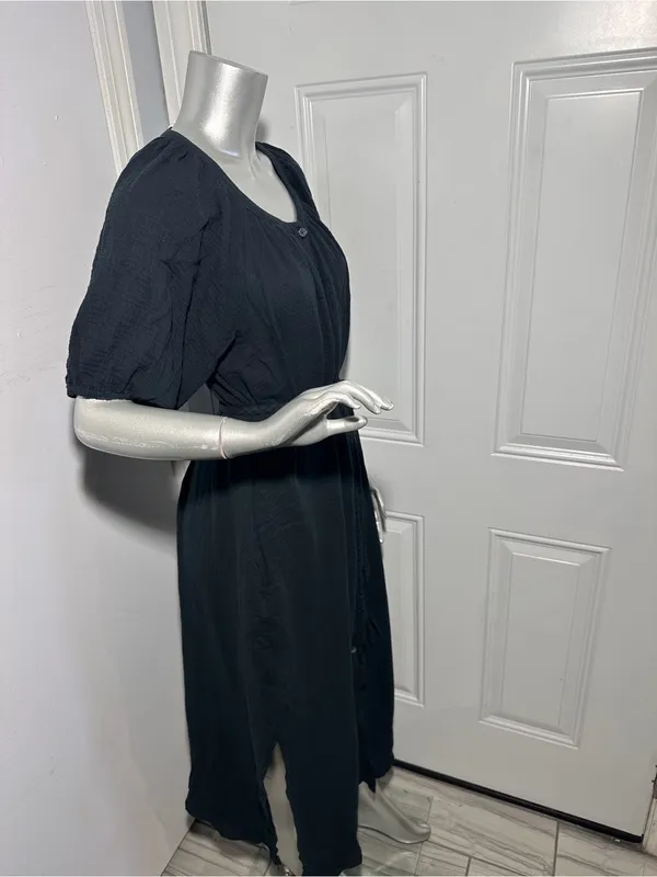 Marine Layer Erin Shirt Dress M Black Cotton Gauze Button Front Midi Puff Sleeve - Image 7