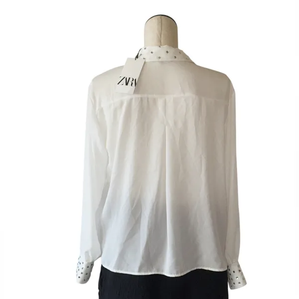 NWT ZARA Embellished Long Sleeve Chiffon Button Up Shirt White Medium - Image 8