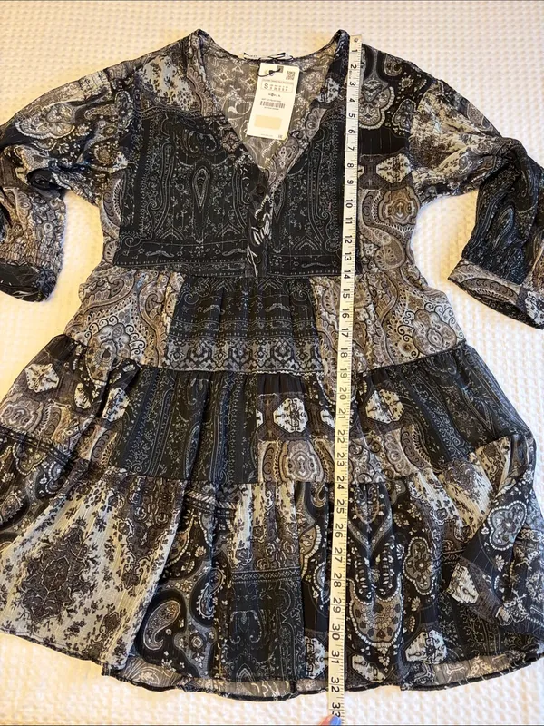 NEW! ZARA Black Gray Paisley Tiered Mini Dress SMALL Semi Sheer Balloon Sleeves - Image 12