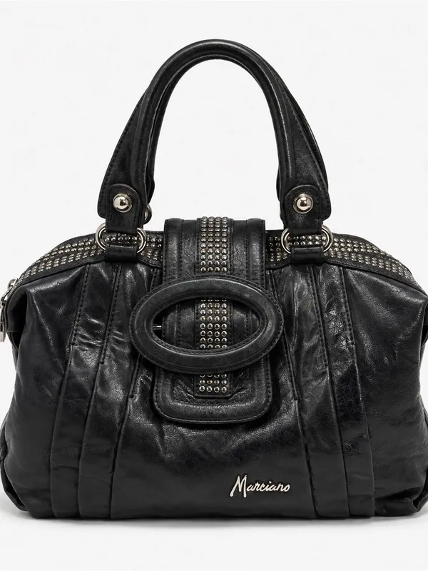 Marciano Black Leather Tote with Studded Stripe and Logo - Image 2