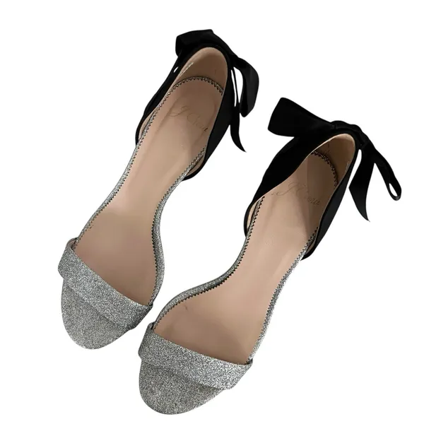 J. Crew D'orsay Sandals Silver Glitter Satin Bow Size 9M Chic Statement Heels - Image 4