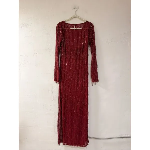 Lulu’s Sheer Fascination Sheer Mesh Sequin Fringe Maxi Dress in Burgundy Red Lar - Image 2