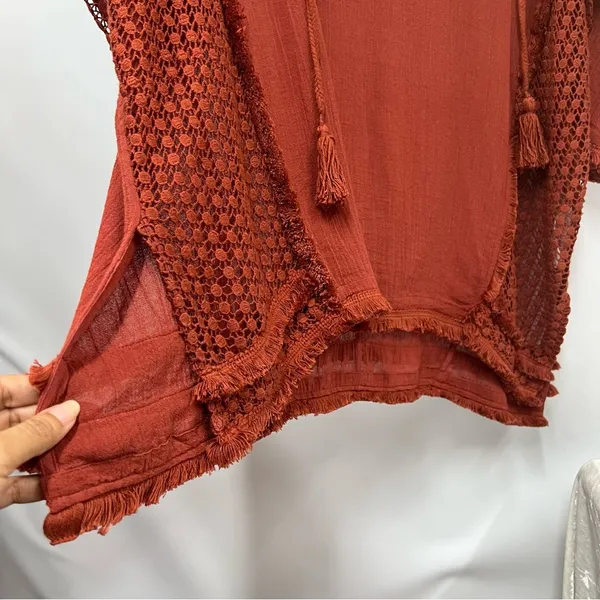 NWT Free People mauve Rust Hooded Poncho with Tassels 100% cotton oversized - Image 8